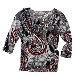 Laura Petites Grey Red Paisley 3/4 Sleeve Top Size TP XS Y2K Retro Blouse